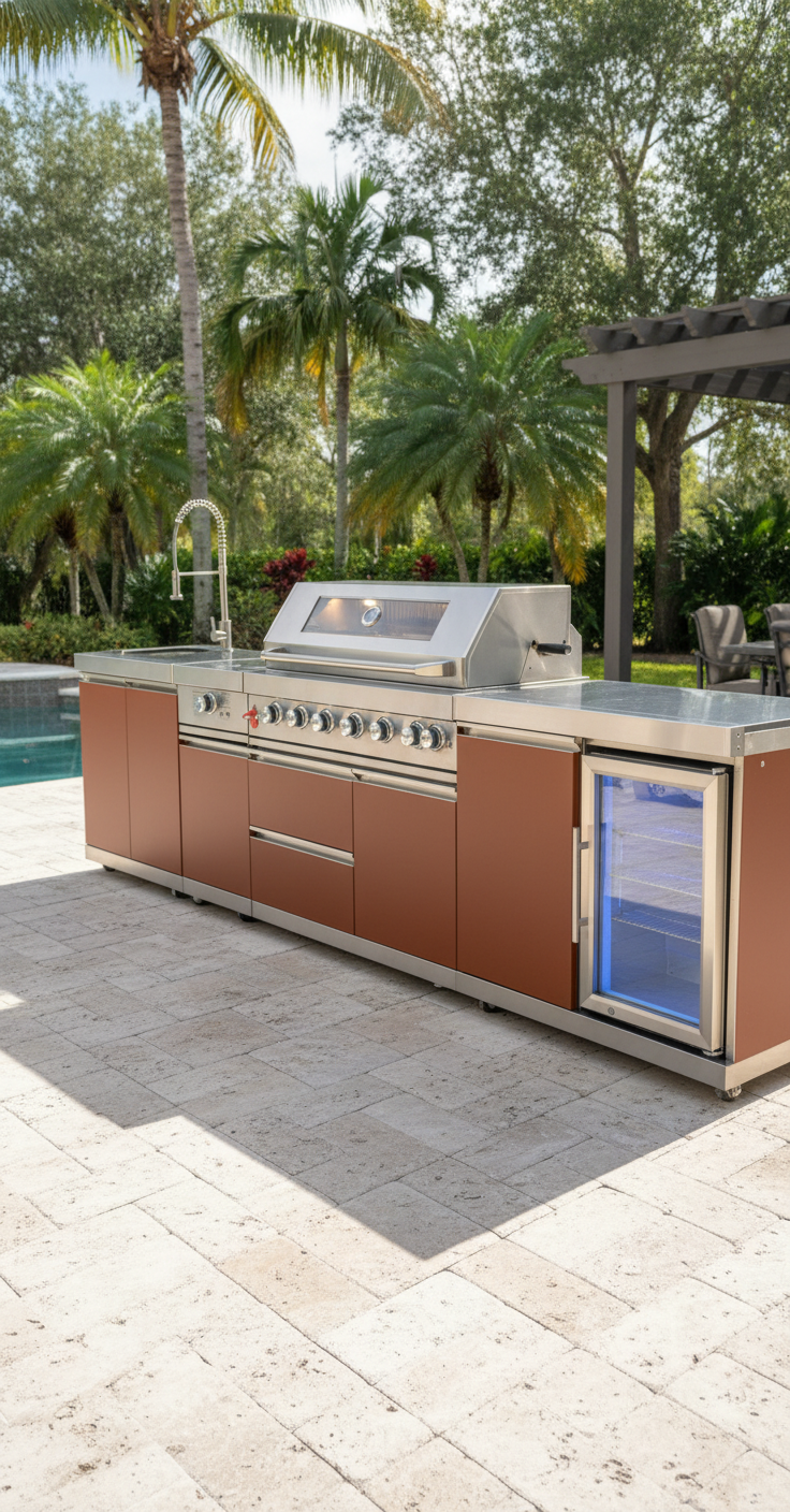 Copper-finish Sunzout modular outdoor kitchen beside a Sarasota pool